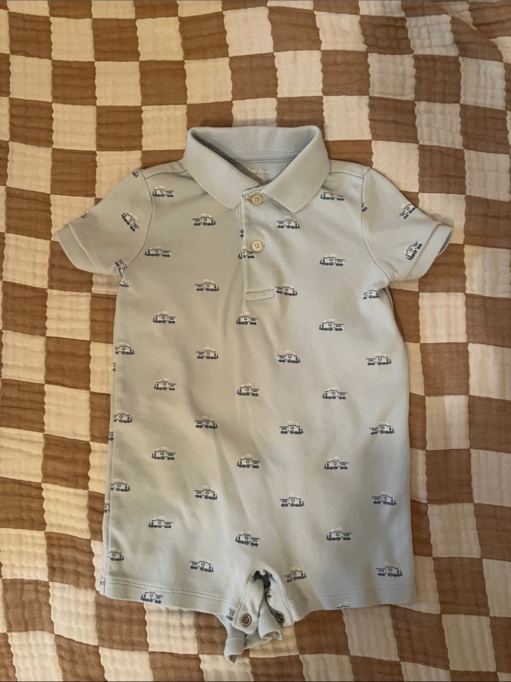 Ralph Lauren Blue Baby Polo Romper with Navy train Print